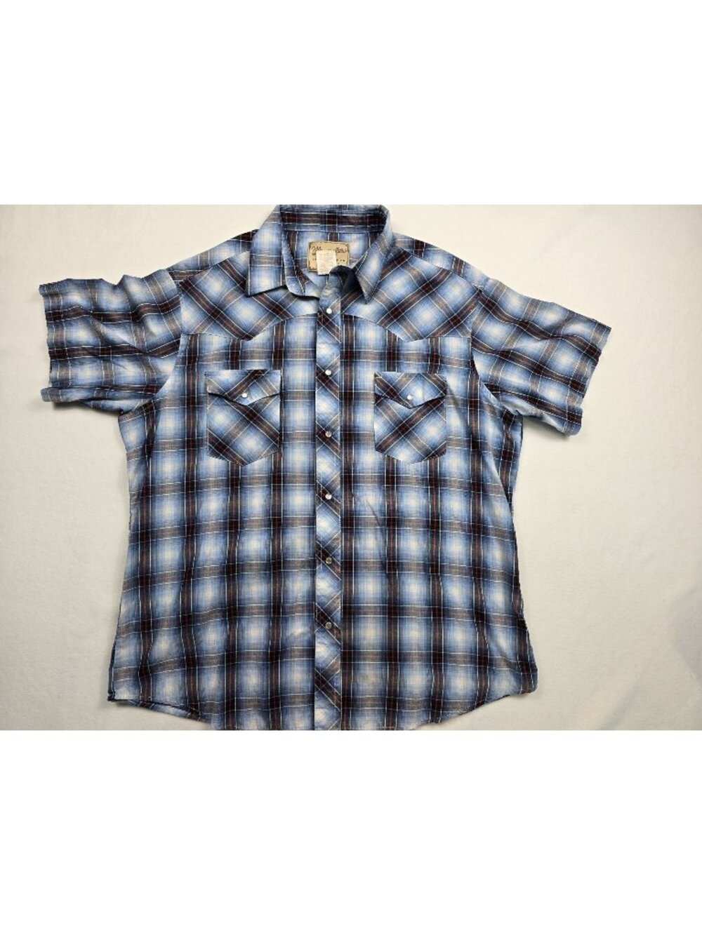 Vintage Wrangler Western Pearl Snap Shirt Blue Plaid Short Sleeve XL Cowboy